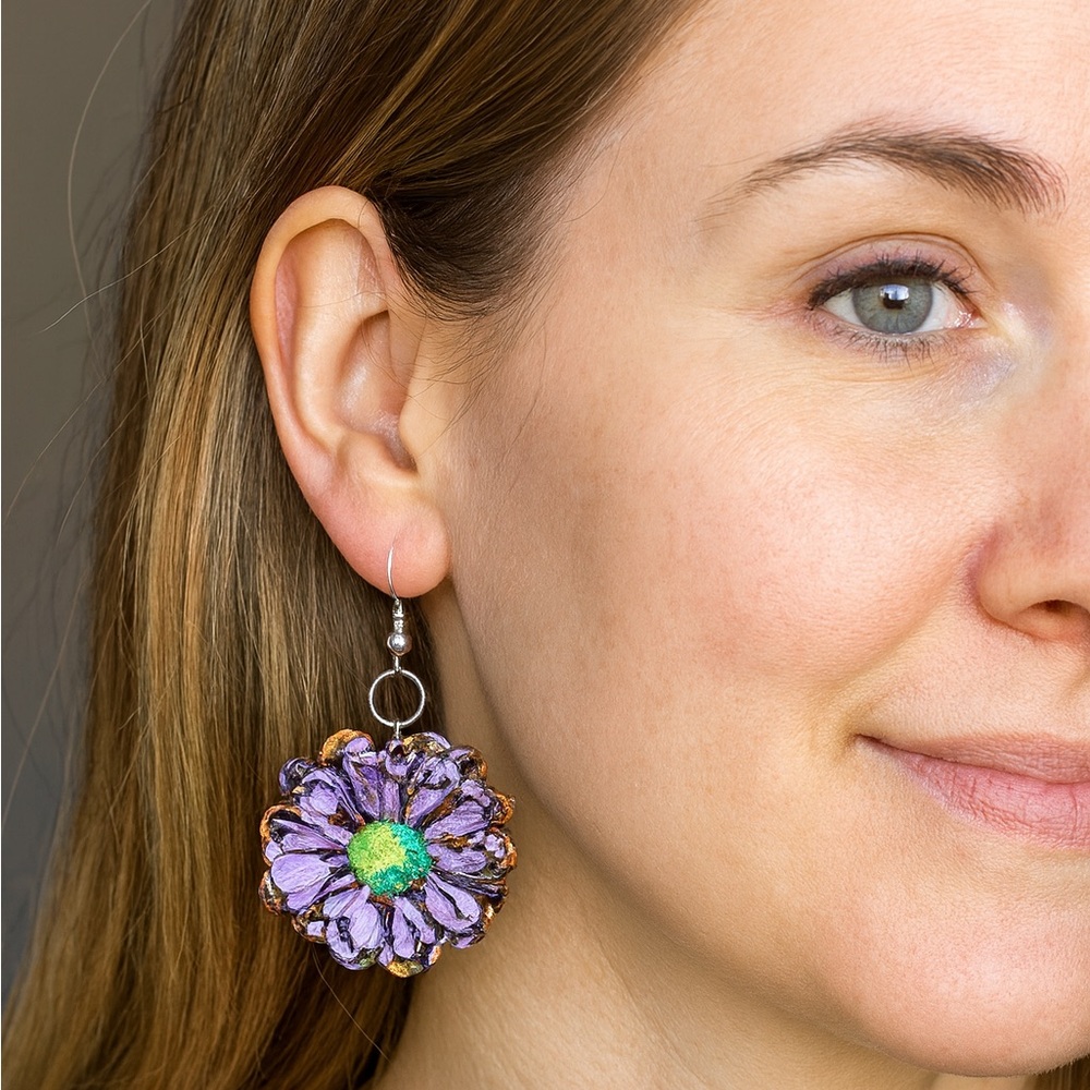 One of a Kind Handmade Polymer Clay Boho Artisan Lavender Floral Dangle Earrings